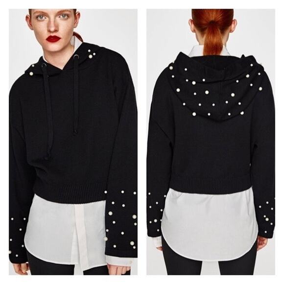 Zara Black Cropped Pearl Embellished Hooded Knit Sweater...